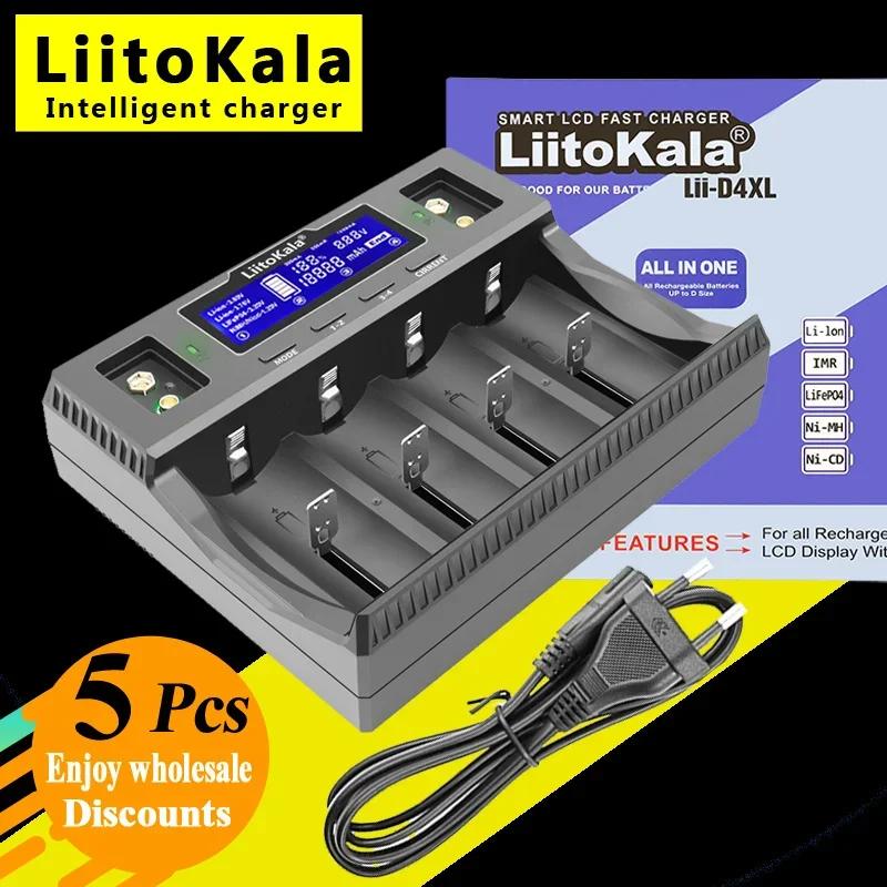 5PCS LiitoKala Lii-D4XL For 32700 18650 26650 21700 14500 16340 26700 3.7v/3.2V/1.2V Ni-MH/Cd,AA AAA SC D C battery charger