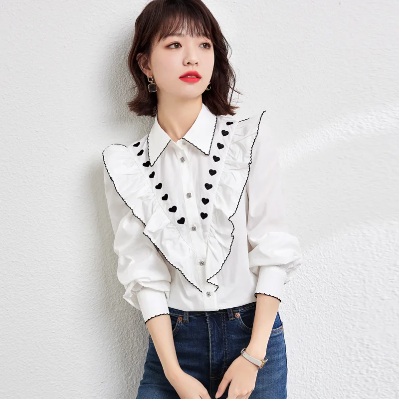 

New Spring Chiffon Shirt For Women Fashion White Lapel Long Sleeve Love Heart Printed Elegant BLouse Female Tops s106