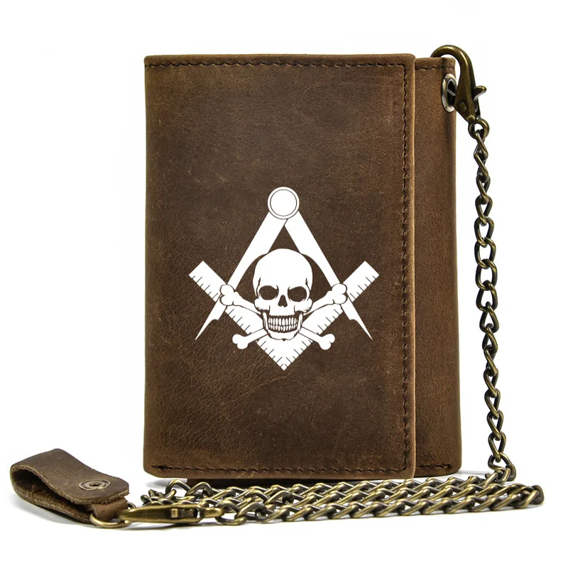 

Luxury Men Genuine Leather Wallet With Iron Chain Masonic Skeleton Skull Design Printing Card Holder Short Purse Key Bag BT1000