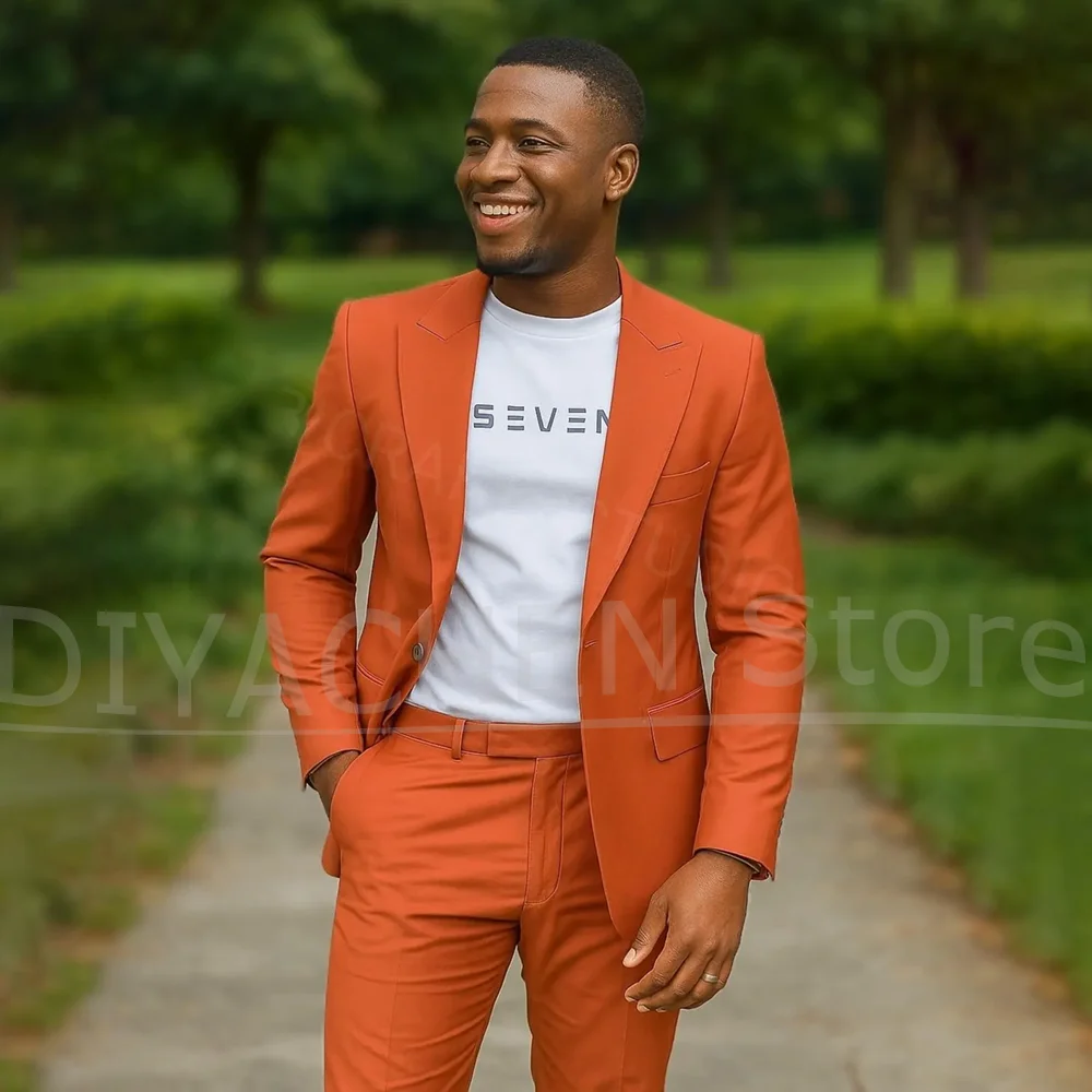 

Men's Orange Slim Fit Suit Set Casual Single Breasted Blazer with Pants Fashion Daily Wear Outfits for Gentlemen Two Piece