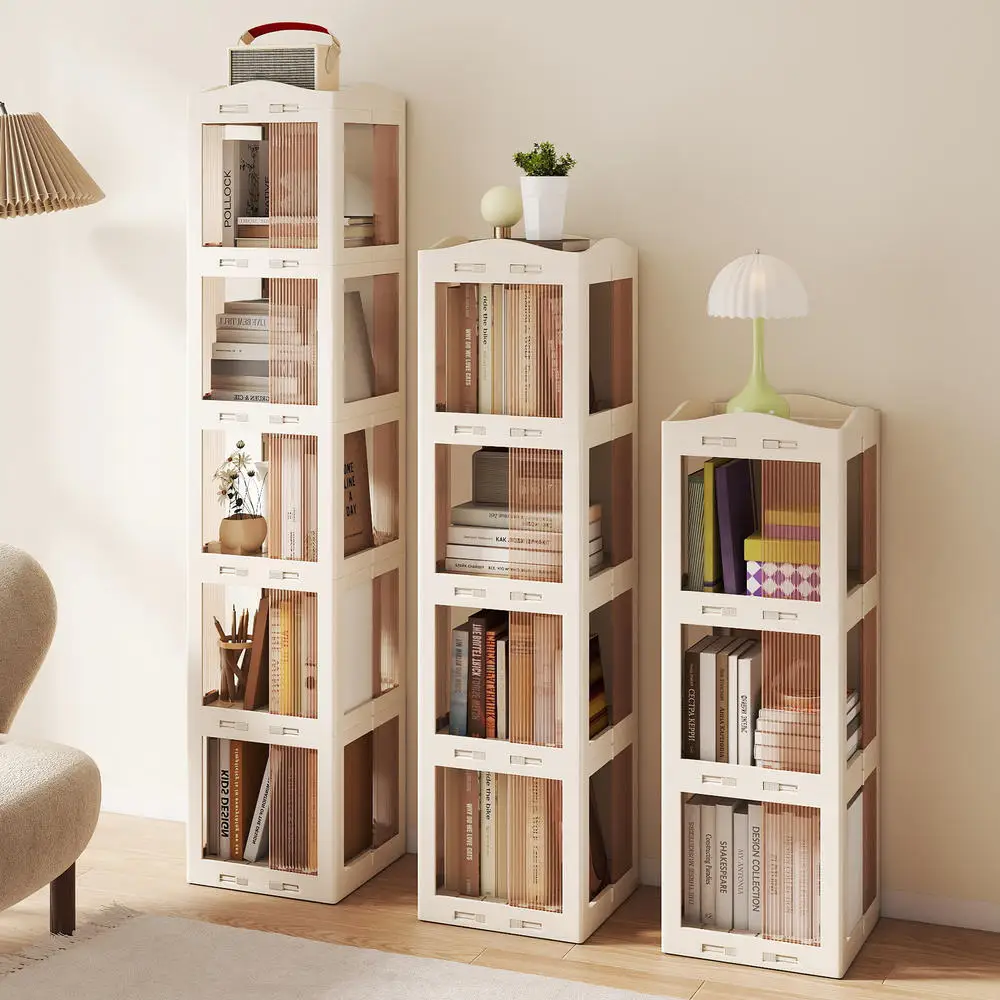 3-Tier Foldable Rotating Bookshelf With Swivel Base And Translucent Panels-White