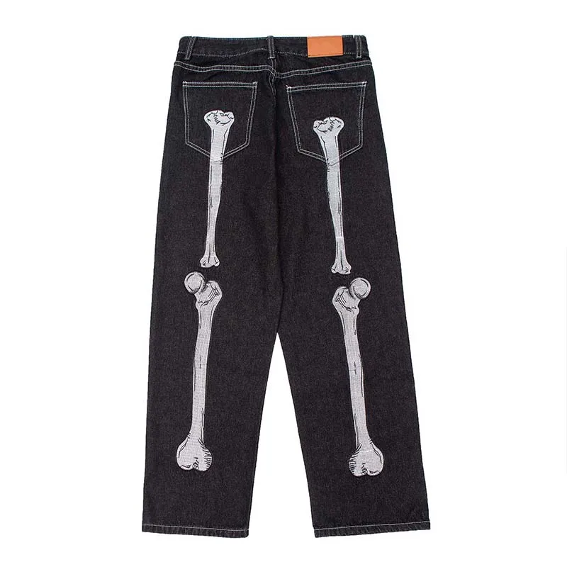 

Retro Skull Hand Bone Embroidery Washed Mens Jeans Pants Vibe Style Straight Casual Oversize Denin Trousers Streetwear