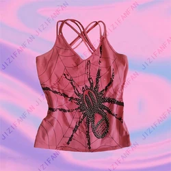 Y2k Bandage Spicy girl Crop Top Spider Graphics Rhinestone Backless Halter Top Summer Women Retro Mini Punk Spaghetti Strap