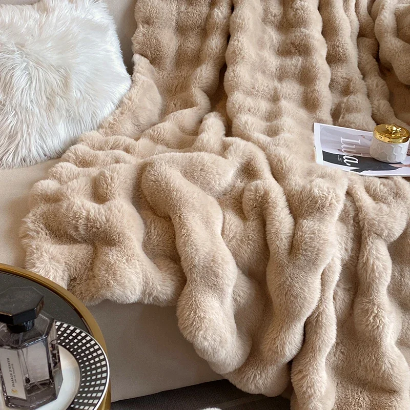 luxury faux fur Blanket double-sided fluffy bubble Fleece bed Plaid sofa blankets plush sofa cover bedspreads for double bed