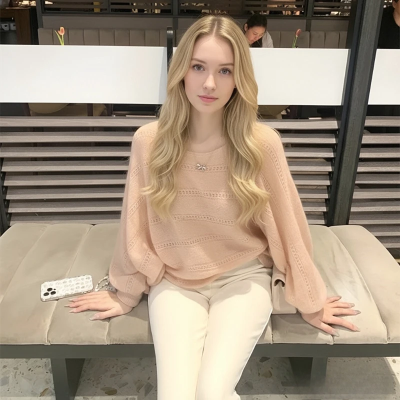 خريف جديد الملابس النسائية محبوك الجوف طاقم الرقبة سترة موضة رقيقة فانوس كم مكتب عادية تريكو