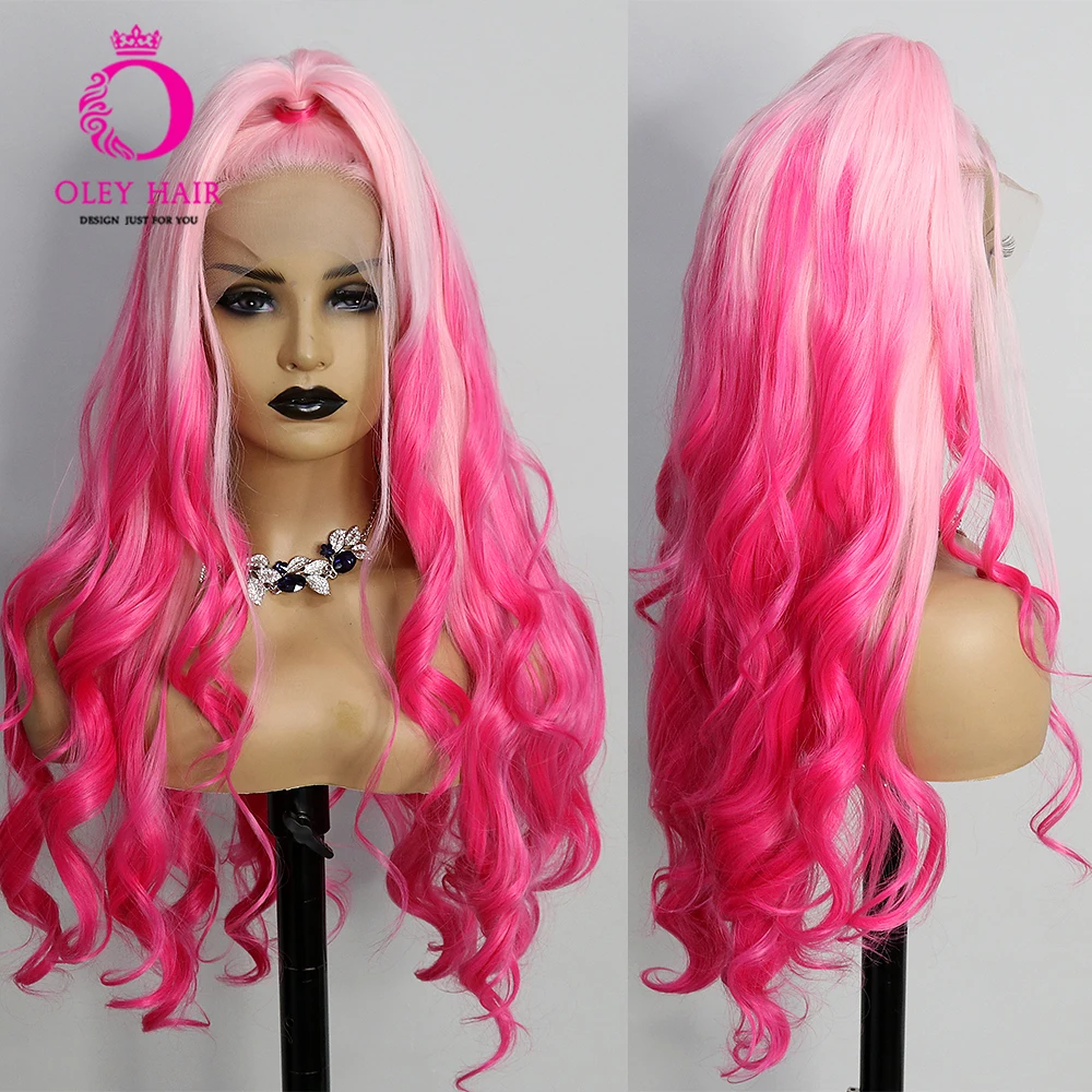 Ombre Pink Color 30 Inch Body Wave Synthetic 13x4 Lace Front Heat Resistant Preplucked Drag Queen Cospaly Wigs For Black Women