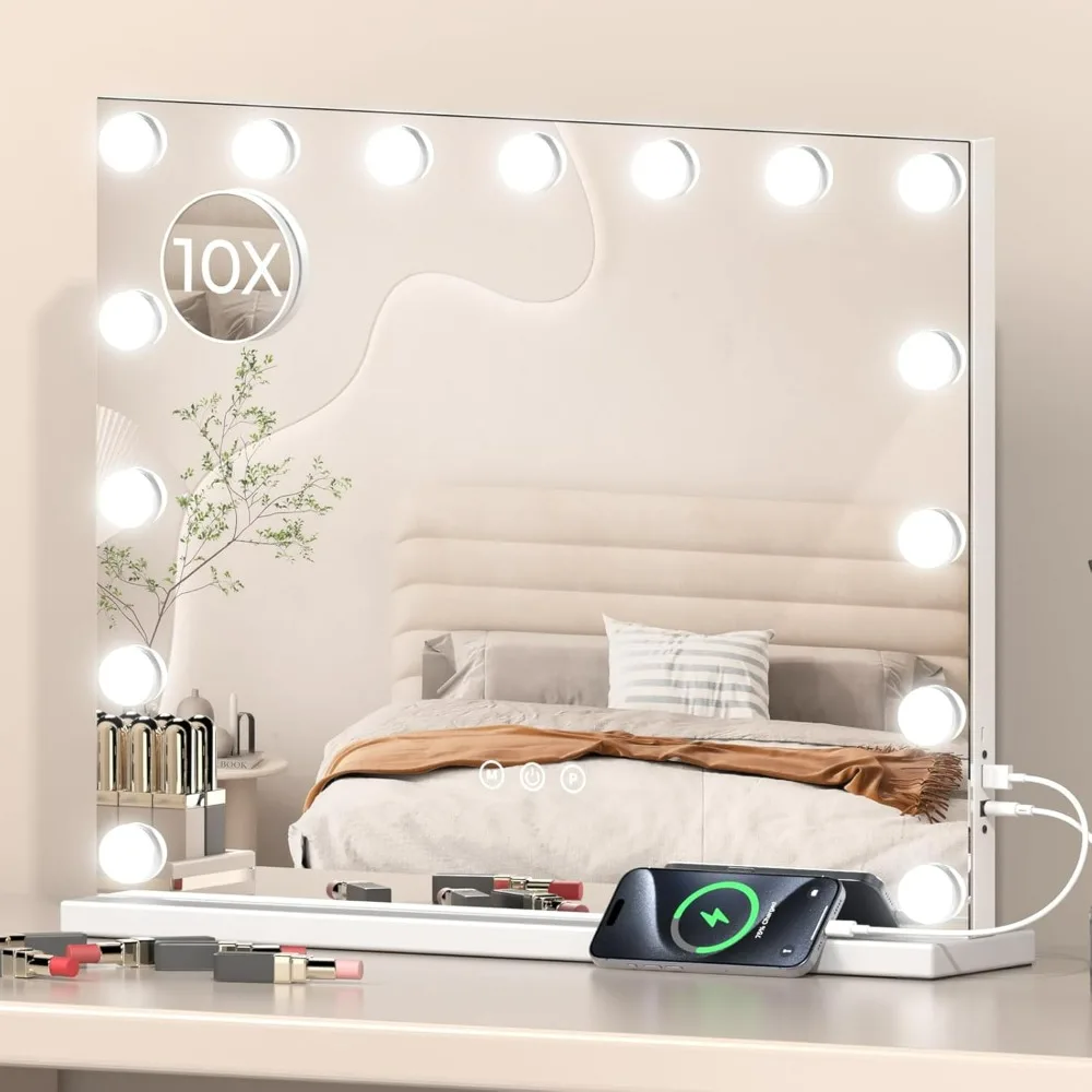 

Vanity Mirror With Lights,22.8" X 18.1", 3 Color Modes，Adjustable Brightness, USB Charging Port，Detachable 10x Magnification