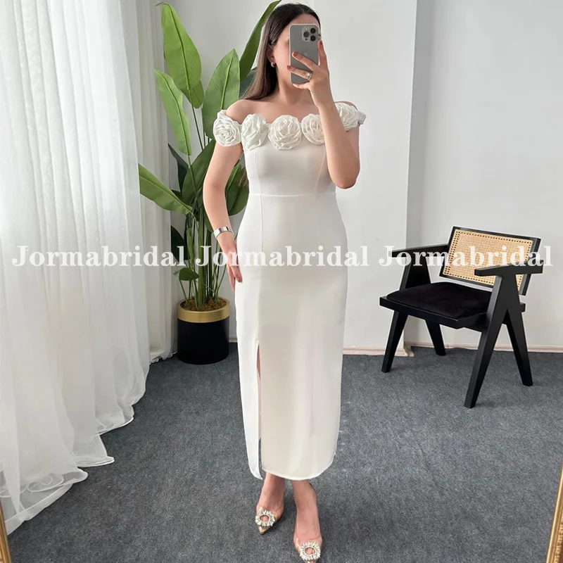 

Boat Neck Sheath Wedding Dress with Slit Handmade Flowers Ankle Length Bridal Gowns Israel Bride Mid-length Dress Customized