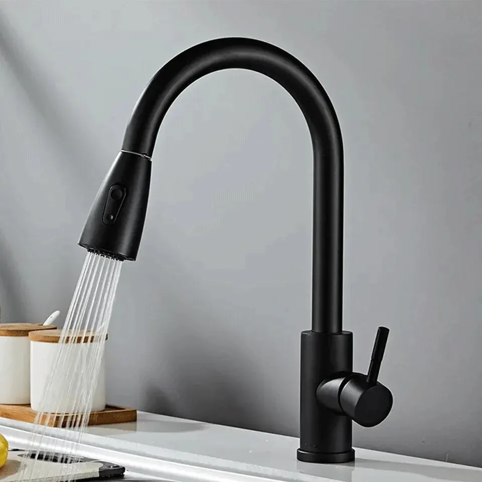 Stainless Steel Lead-Free Environmentally Friendly Kitchen Composite Pull-Out Faucet (Black) With Second Level Water Outlet