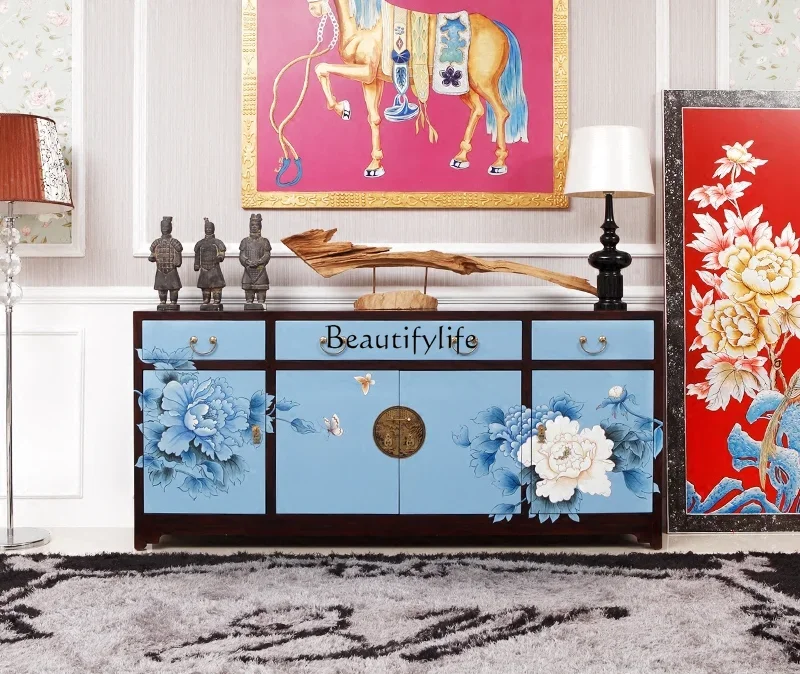 Modern new Chinese side cabinet hand painted peony living room blue decorative cabinet foyer