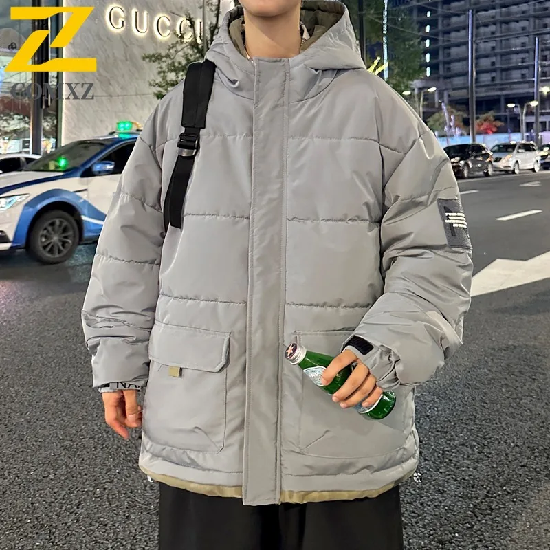 COMXZ Winter Men Puffer Jacket Thickened Loose Fit Trendy Plus Size Cotton-Padded Down Coat Hood Camouflage Patchwork Outerwear