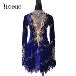 Royal Blue Ice Figure Skating Dress With Handmade Crystal  Rhinestone For Women Girls Long Sleeve Competition Performance Wear