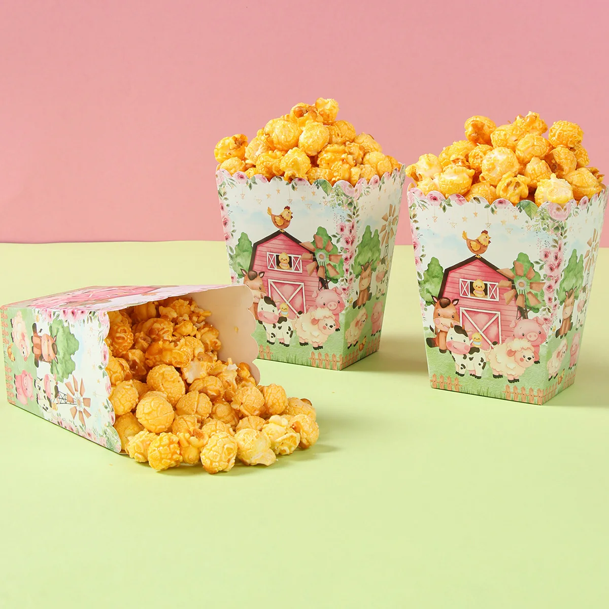 Scatole per popcorn per feste a tema animali da fattoria Scatole per caramelle Decorazioni per feste in fattoria Baby Shower Bambini Ragazze Compleanno Forniture per feste di matrimonio