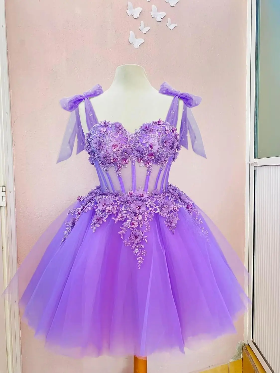 Bretelles Spaghetti robes de soirée pour adolescents fleur 3D robe de bal courte paillettes Quinceanera DAMA robes au-dessus du genou, Mini