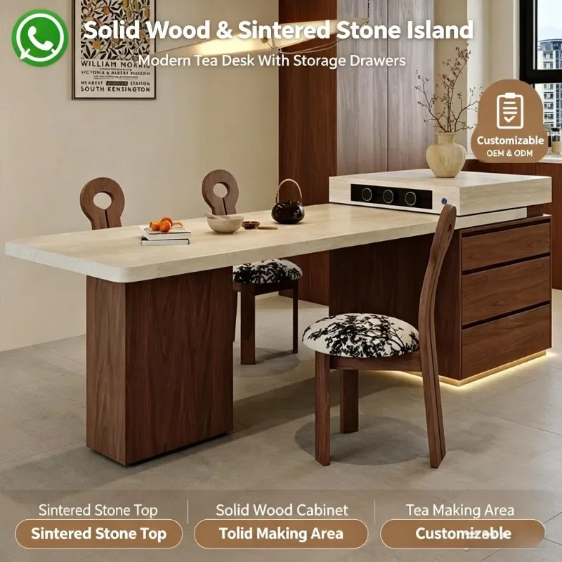 Modern Eco‑Friendly Wood 6‑Seater Extendable Travertine Dining Table, Multifunctional Island Table with Induction Cooker