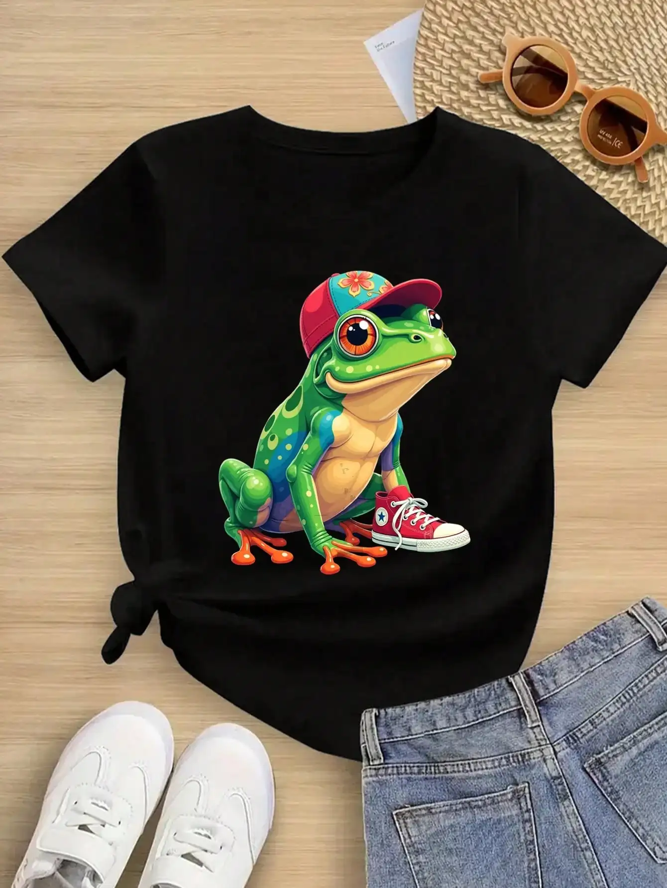

Boys/Girls Summer Frog Cotton Graphic Tees, Black Casual Summer Tops With Cool Frog