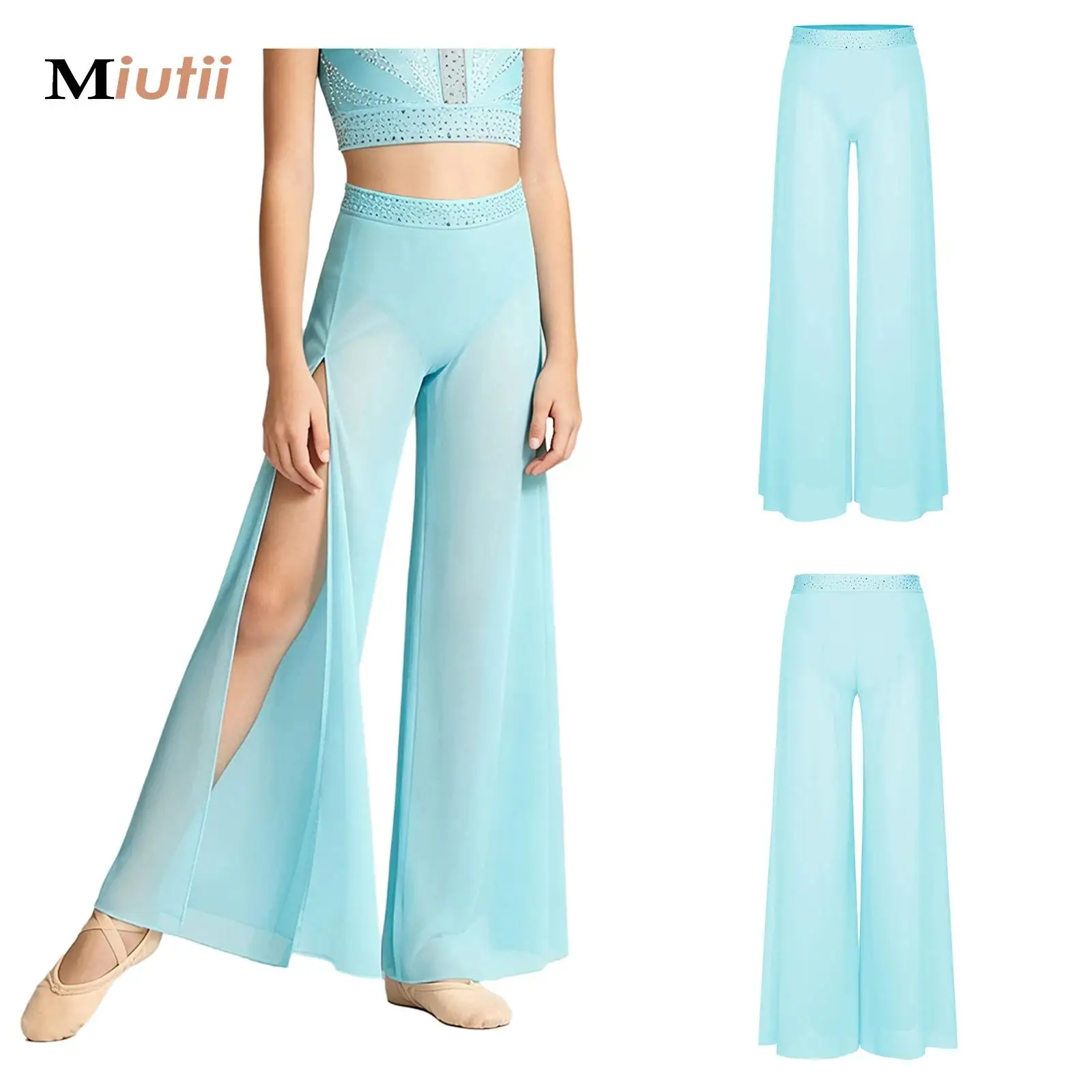 Lyrical Mesh Wide Leg Pants Modern Ballet Dance Side Split Contemporary Palazzo Trousers Classical Dance Costumes Kids Girls