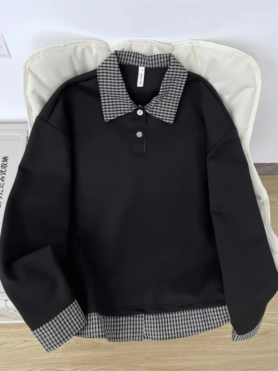 American Style Grid  Collar Sweatshirt Loose Base Layer Shirt for Men Autumn Winter Vintage Retro Patchwork Top
