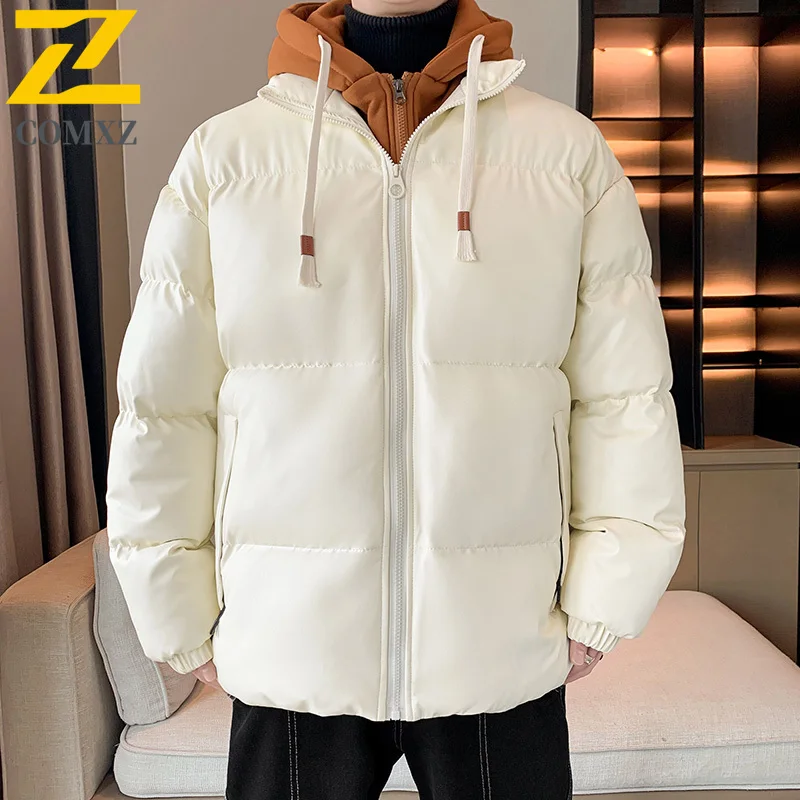 

Men Padded Jacket Hooded Outdoor Camping Windproof Durable Cotton Coat Fake Two Piece Design Travel Warm Lightweight Winter Coat