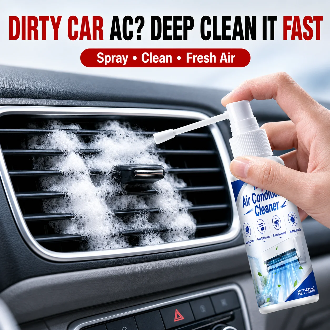 KJM Car Home Air Conditioner Foam Cleaner Spray for Auto AC Vents Household Split Aircon Dust Mildew Odor Remover 50ML