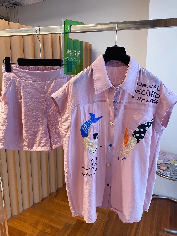 

Heavy Embroidery Linen Set Women Summer Loose ort Sve irt Casual Wide Leg orts Cotton Linen Two Piece Set