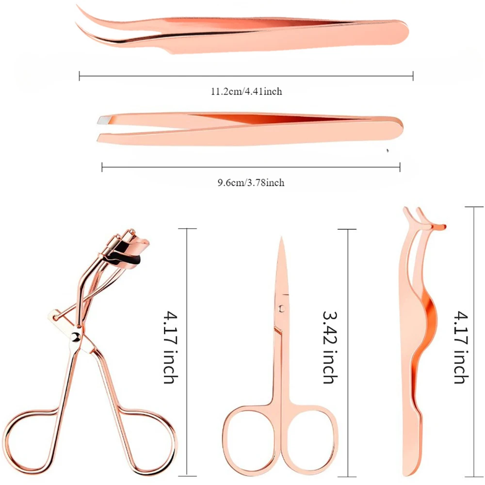 2/5 個まつげピンセットセットプロフェッショナルローズゴールドステンレスチップ眉毛トングクリップはさみ美容ツールまつげカーラー女性のための