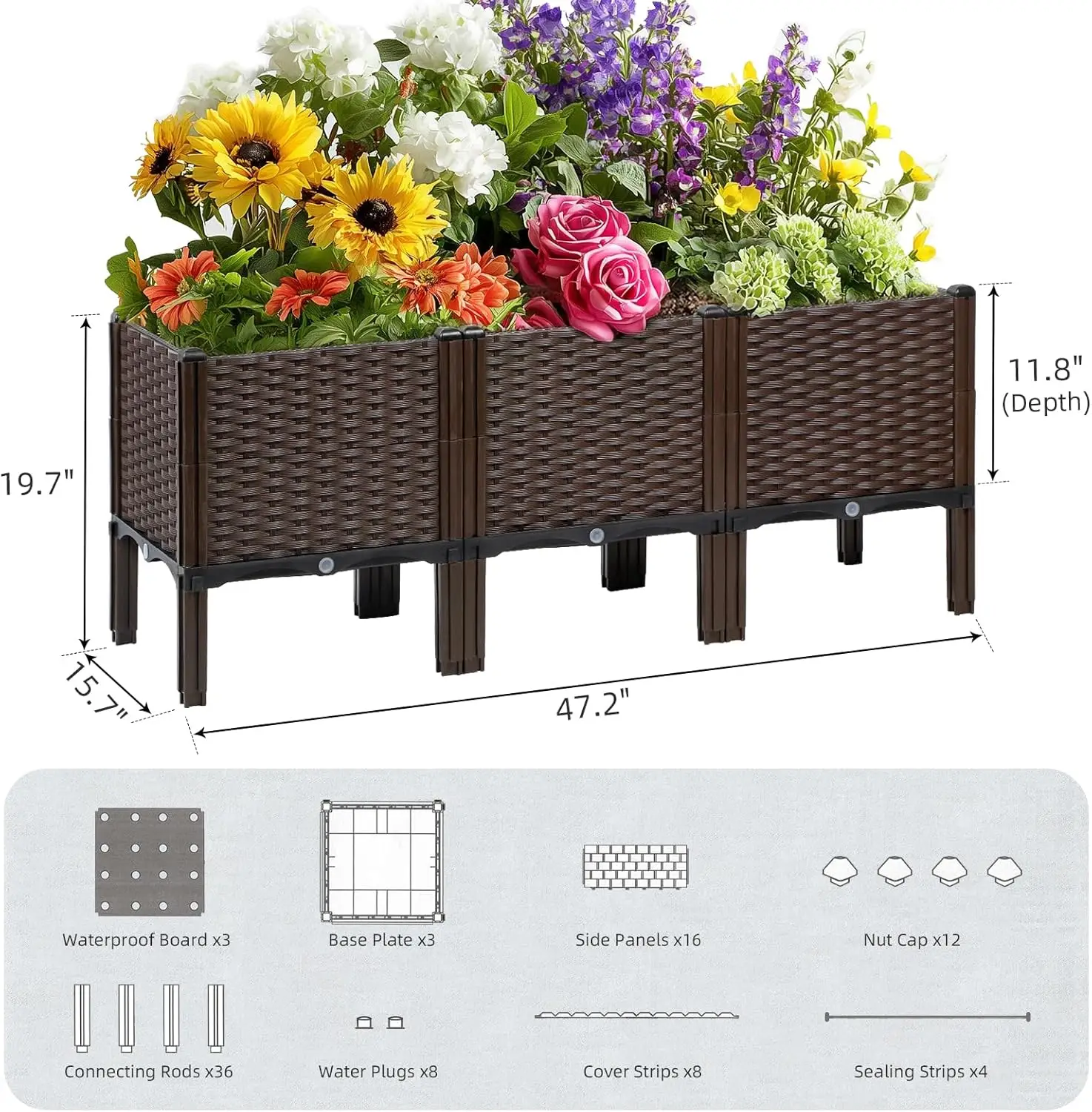 Outdoor Gardening Rattan Planter, Natural Color, Self-Watering and Rectangular Design view 5