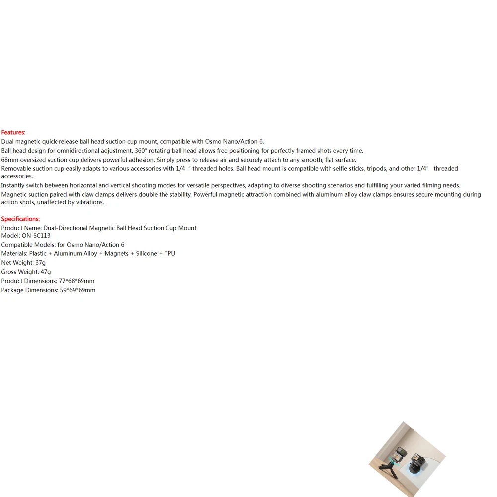 

Dual-Direction Magnetic Quick-Release Ball Head Suction Cup Mount Adapter for DJI Osmo Nano/Action 6