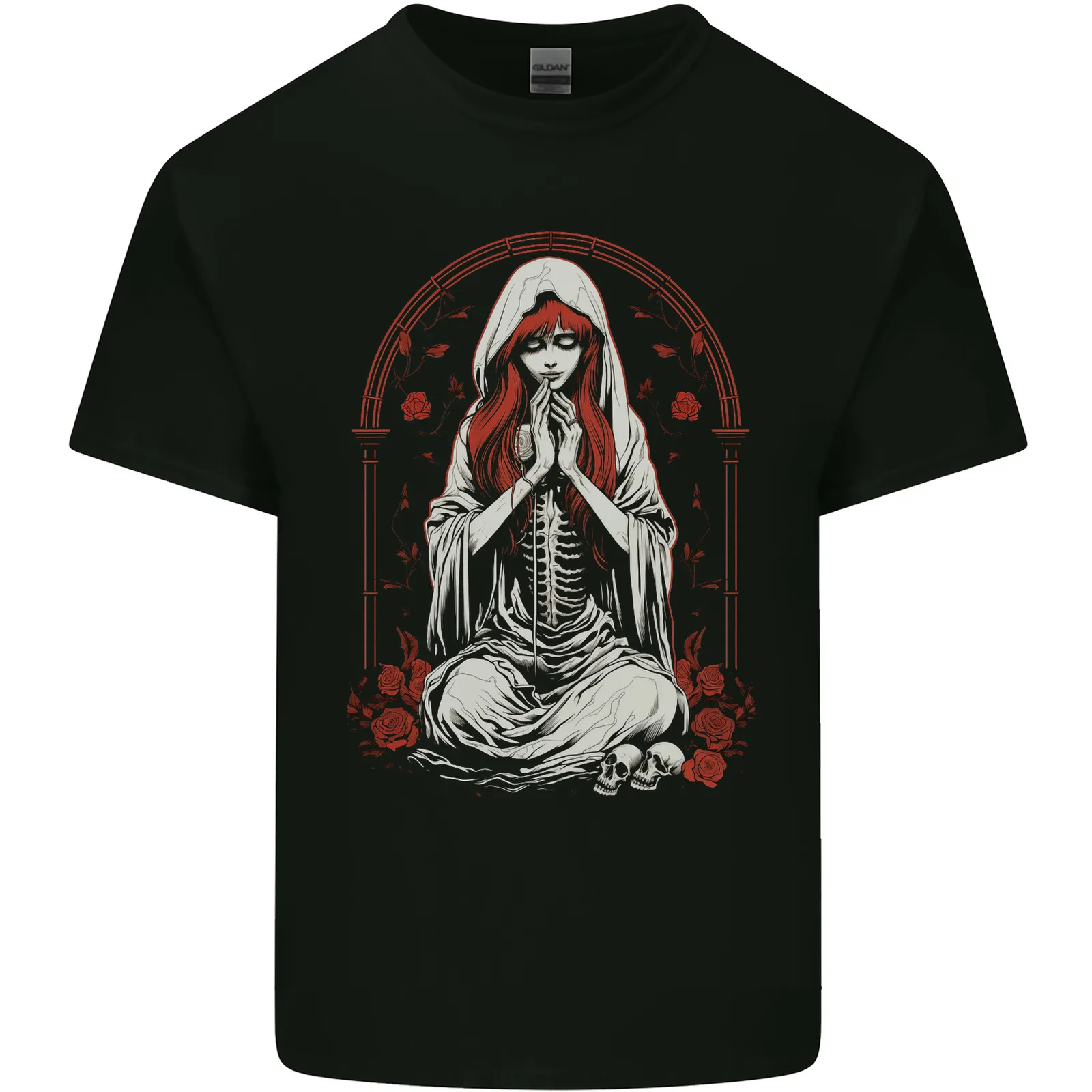 

Fantasy Anime Girl Praying With Skulls & Roses Mens Cotton T-Shirt Tee Top