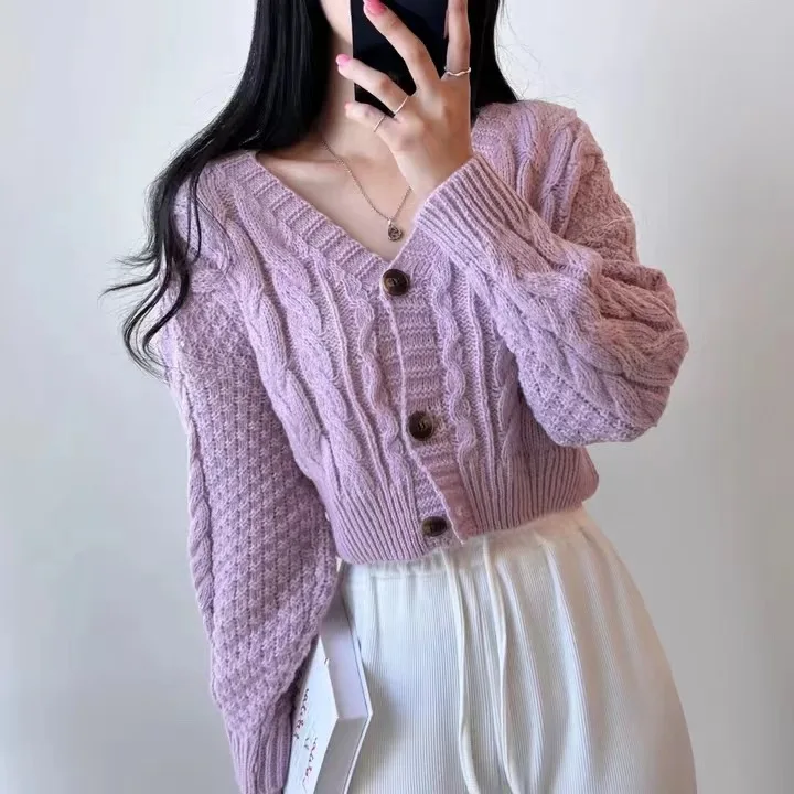 Spring Autumn V-Neck Knitted Open Cardigan Slimming Short Sleeve Long Women's Fashion Purple Sweater Jacket Loose Fit Style
