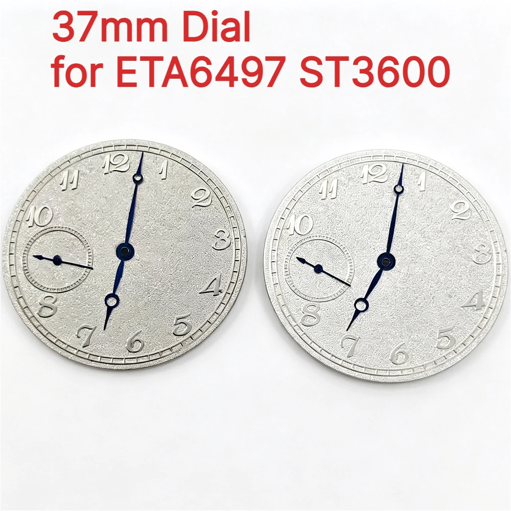 37mm Frosted Texture Silver Watch Dial with Hands No Luminous Markers Replacement Dial for ETA6497 ST3600 Movements