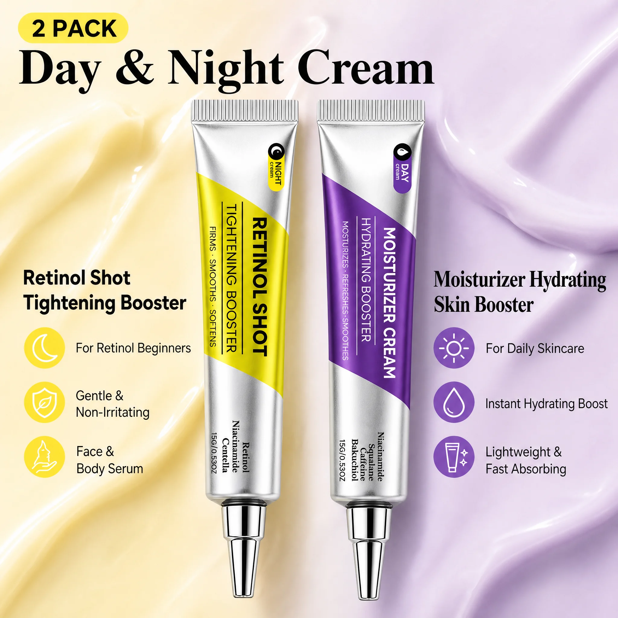 Retinol Shot Tightening Booster & Moisturiser Booster Serum Set,Minimize Facial Skin Pores Improve Wrinkles for All Skin Types