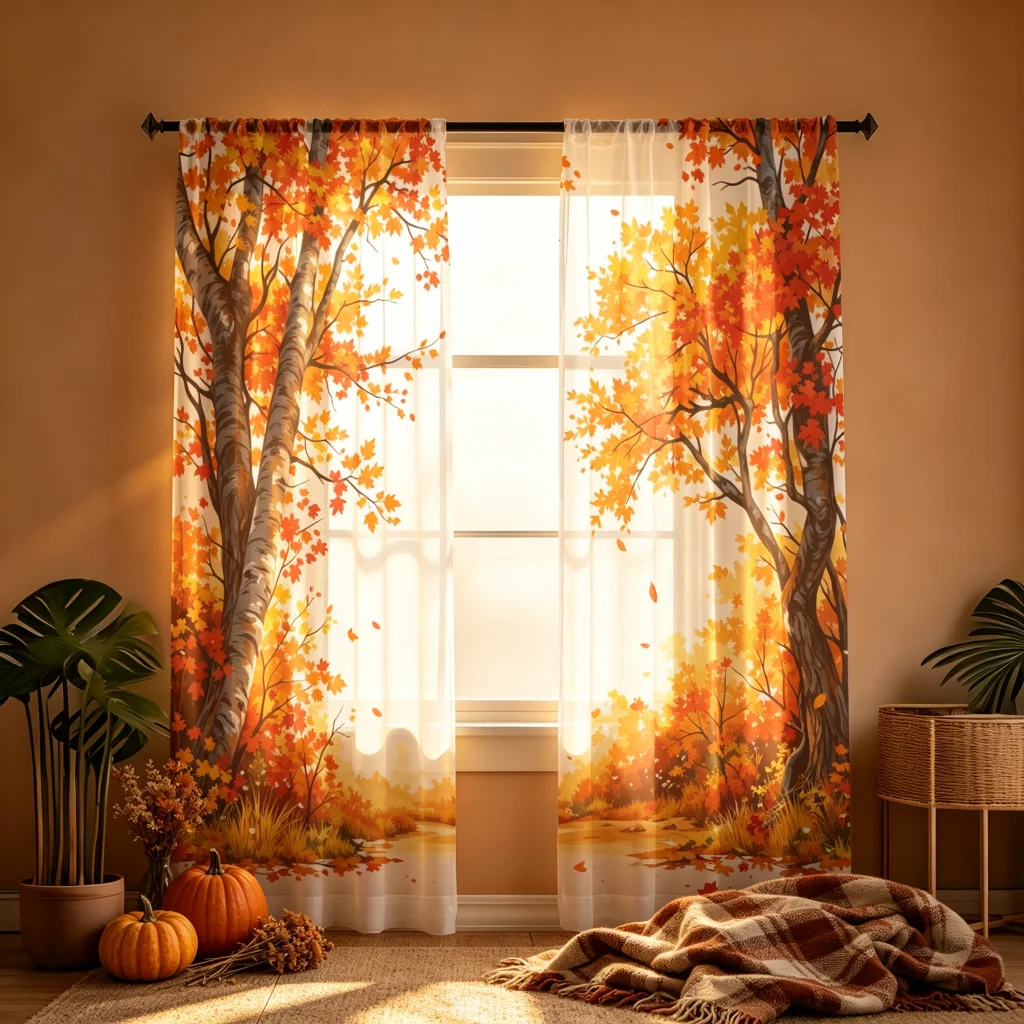 2PCS Fall Maple Leaf White Print AB Sheer Curtains, Rod Pocket, Polyester, Home Decor, Window Drapes, Bedroom Living Room