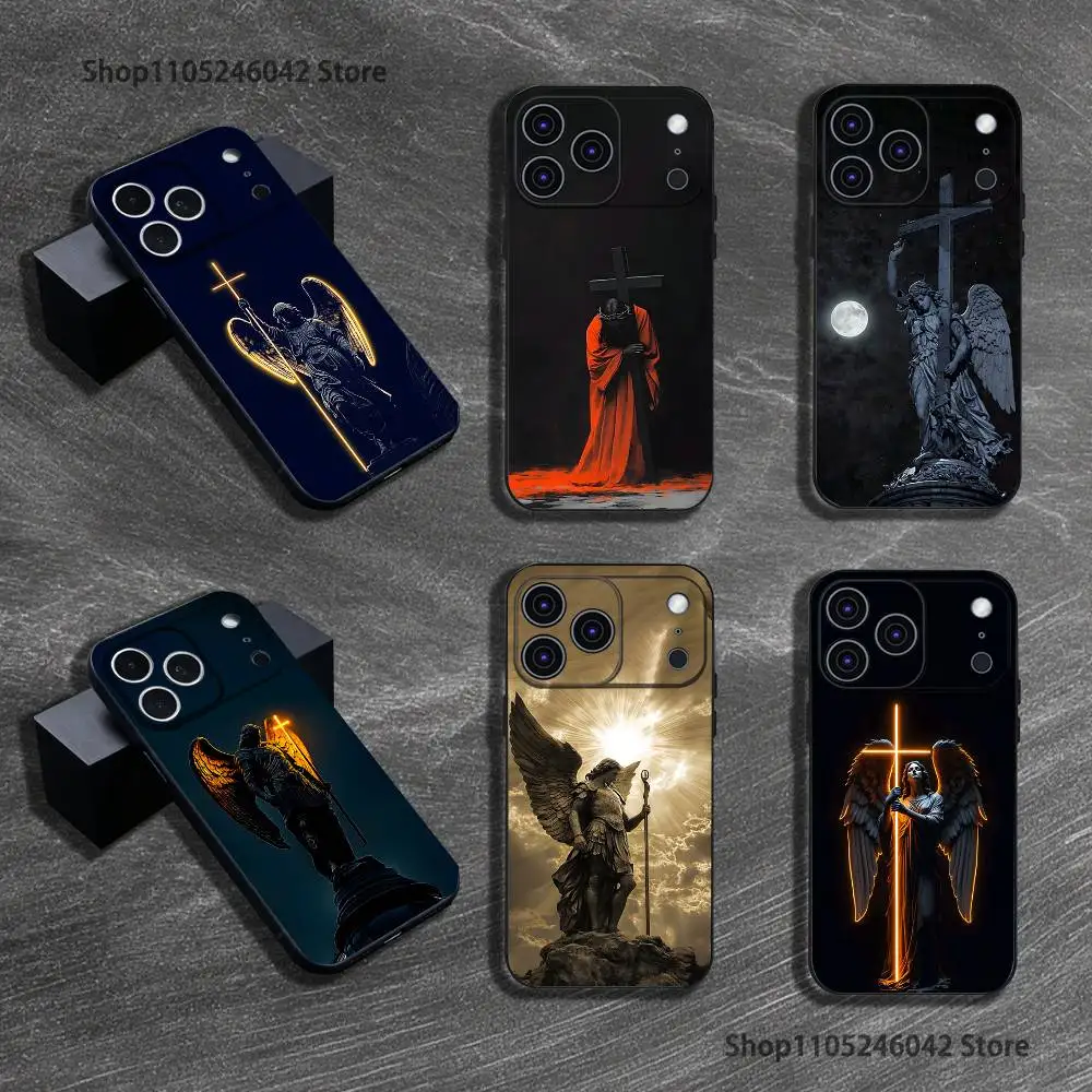 Archangel Michael Cross Phone Case For iPhone 17,16,15,14,13,12,11,Pro,XS,Max,XR,Plus,E,SE4,Mini Black Soft Cover