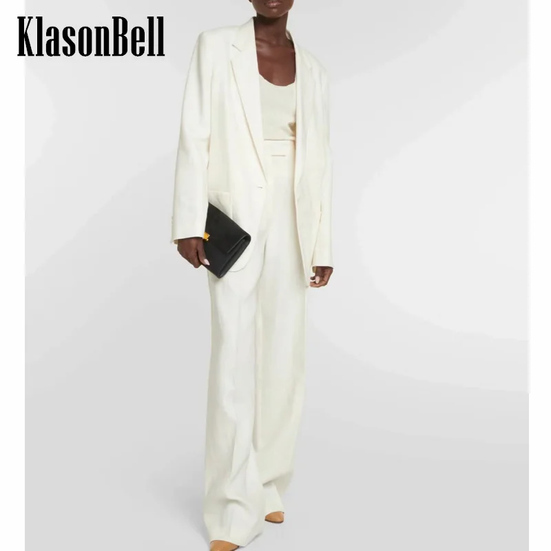 

7.21 KlasonBell Women Temperament Simple Linen Thin Suit Single Button Split Blazer Or Straight Wide Leg Pants Set