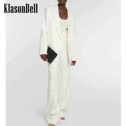 7.21 KlasonBell Women Temperament Simple Linen Thin Suit Single Button Split Blazer Or Straight Wide Leg Pants Set