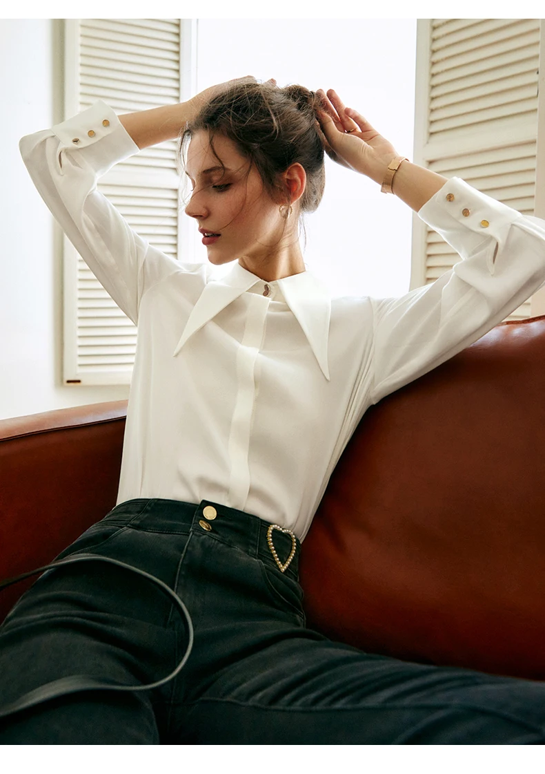 

OLrain Women's Casual Shirts 2025 French Solid Simple Pointed Collar Long Sleeve Office Lady Wear Clothing Ladies O22CC59359