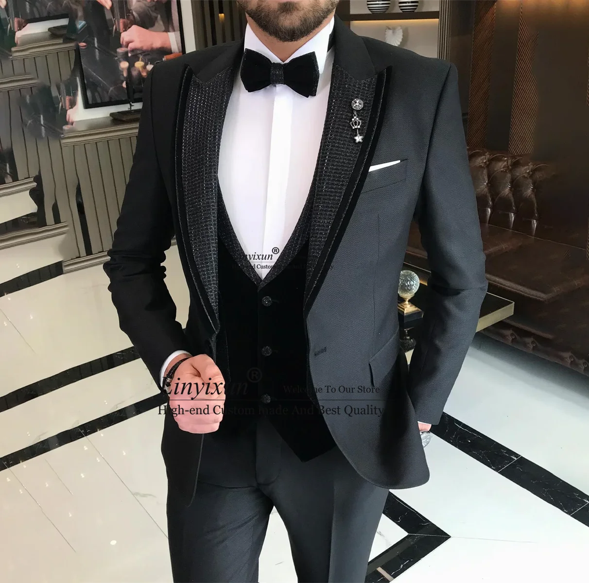 

Formal Men Suits Notched Lapel Groom Tuxedos 3 Pieces Sets Wedding Prom Blazer Hombre Pants Outfit terno masculinos completo