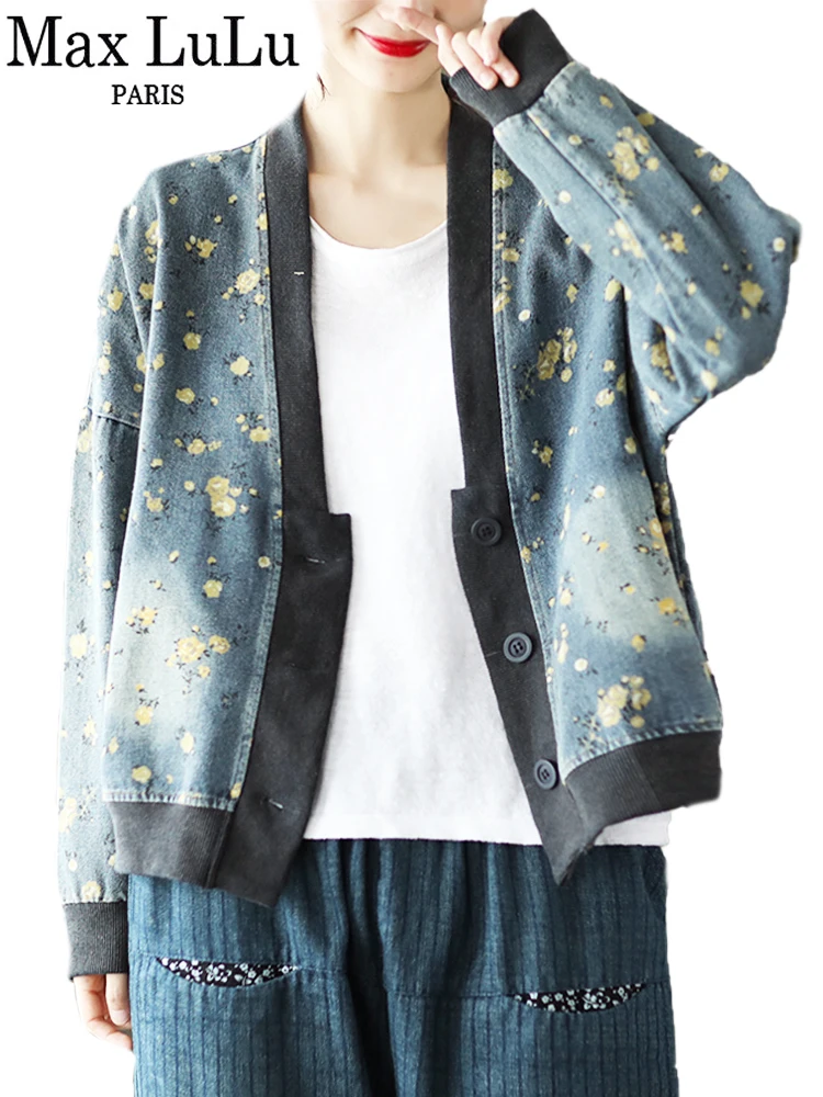 Max LuLu 2022 Spring Floral Button Printed Womens Pockets British Design Denim Jacket Female Loose Gothic Style Patchwork Coats