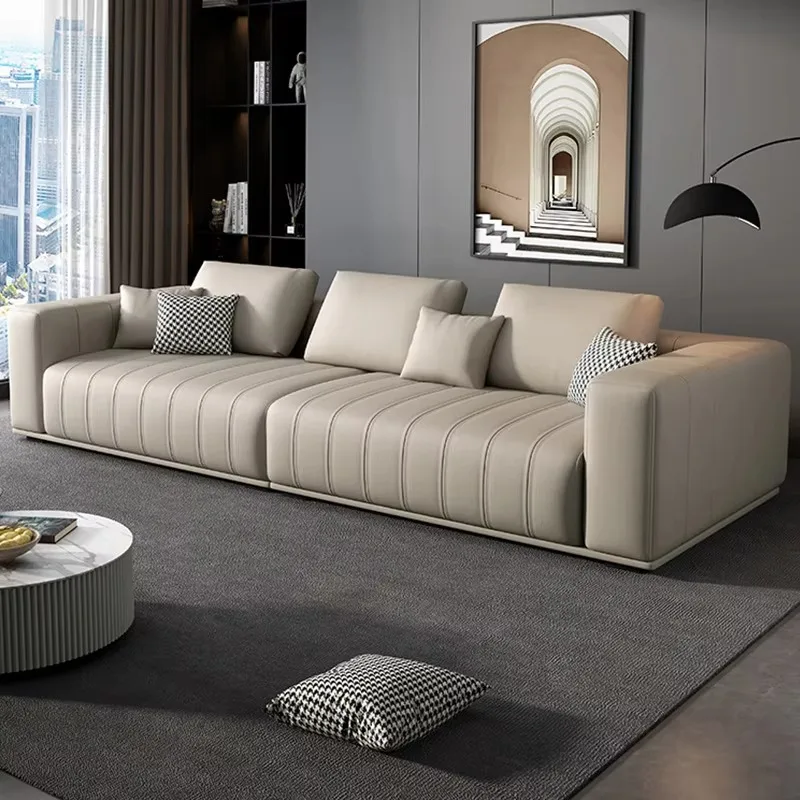 European Minimalist Elegant Wood Frame Leather Sofa for Small Apartment Living Room Sectional Design Straight Piano Key Backrest