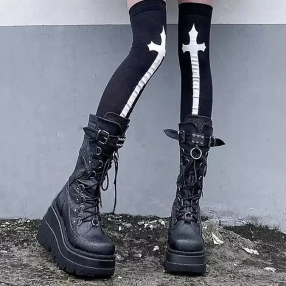 2025 Autumn Gothic Punk Calf Boots Women's 9.5cm Thick Soled Biker Rider Boots Y2K Dark Gothic Matte Punk Style Mid Calf Boots