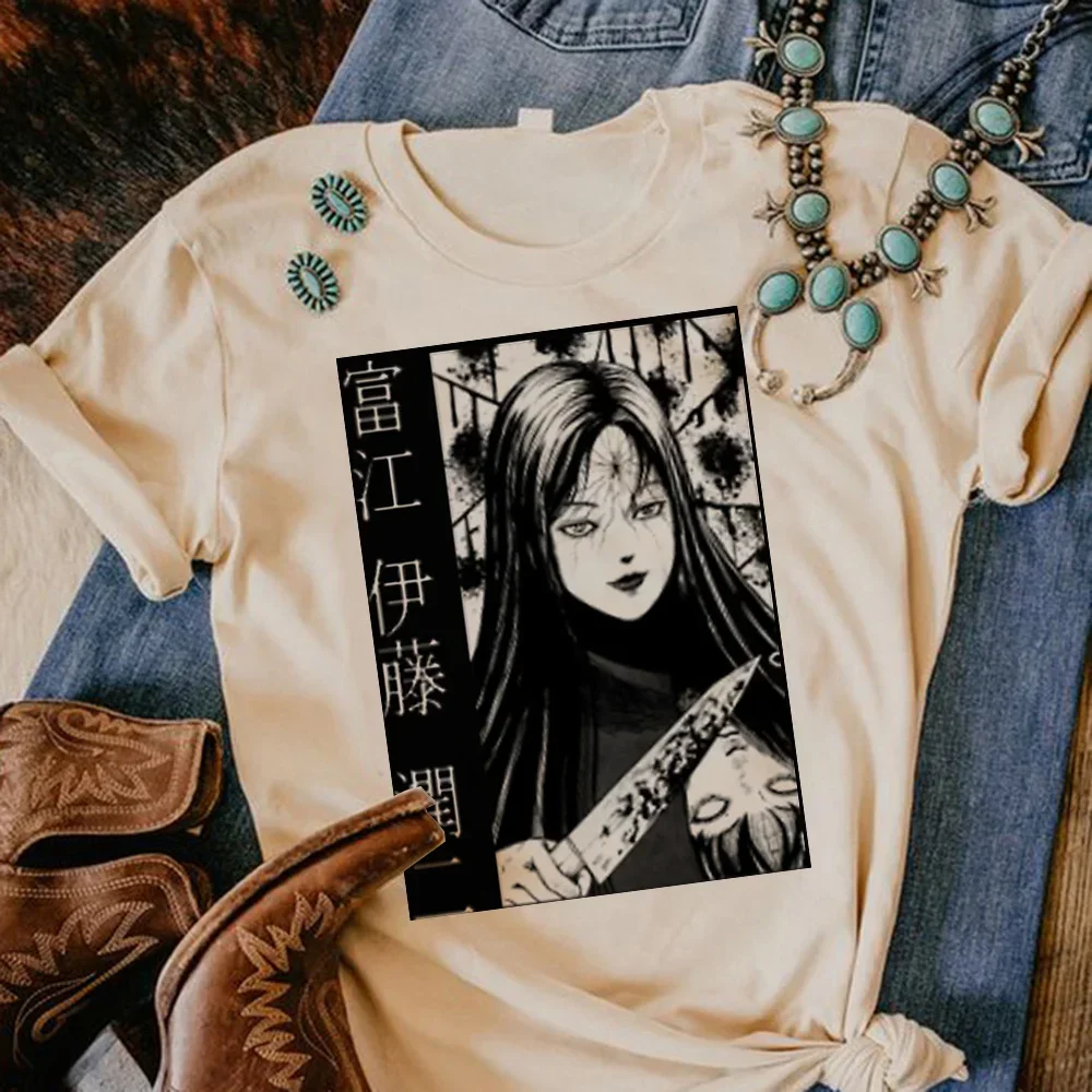 Women Junji Ito Top Designer T-shirts Girl 2000s Funny Harajuku Clothing Printed Women\'s T-shirt Harajuku Short Sleeve Black