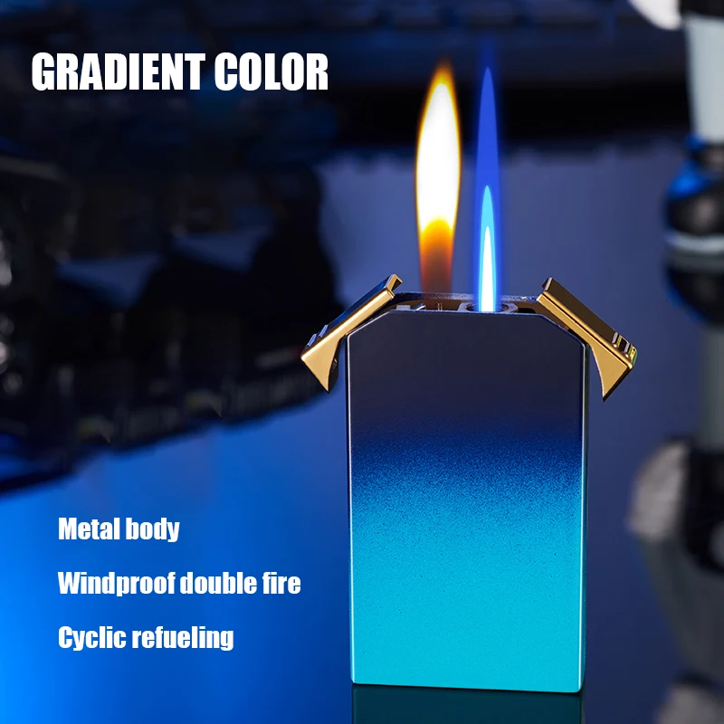 Double Fire Inflatable Two Way Lighter, Powerful Blue and Normal Flame, Double Ignition, Adjustable Flame, Gradient Body