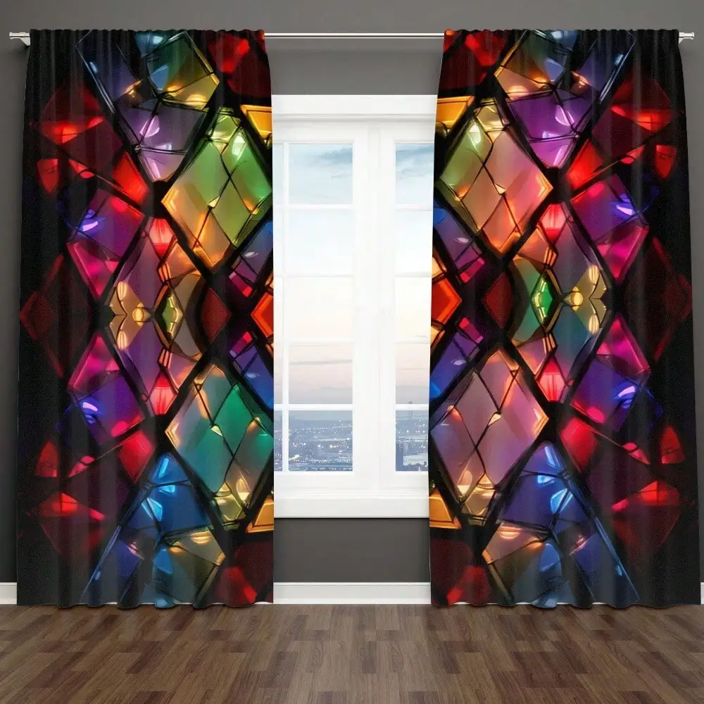 2D Flat, 2pcs Modern Kaleidoscope Stained Glass Window Curtain - Multicolor Glossy Reflective Geometric Polygons