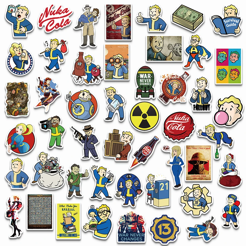 Fallout Py Playing Game Stickers, Autocollants étanches, Planche à roulettes décorative, Réfrigérateur, Boîte à outils, Ordinateur, Bricolage, Cool, 50Pcs