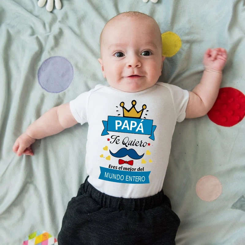 Te Quiero Papá Infant Onesie Crown Mustache Print Baby Bodysuit New Dad Pregnancy Reveal Outfit Infant Jumpsuits Clothes