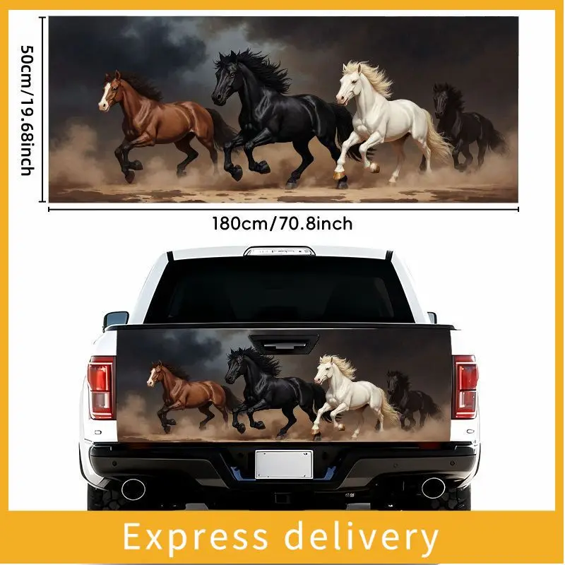 

2PC 50X180cm car sticker depicting four running horses in dynamic poses against a background of dusty terrain and a dark,