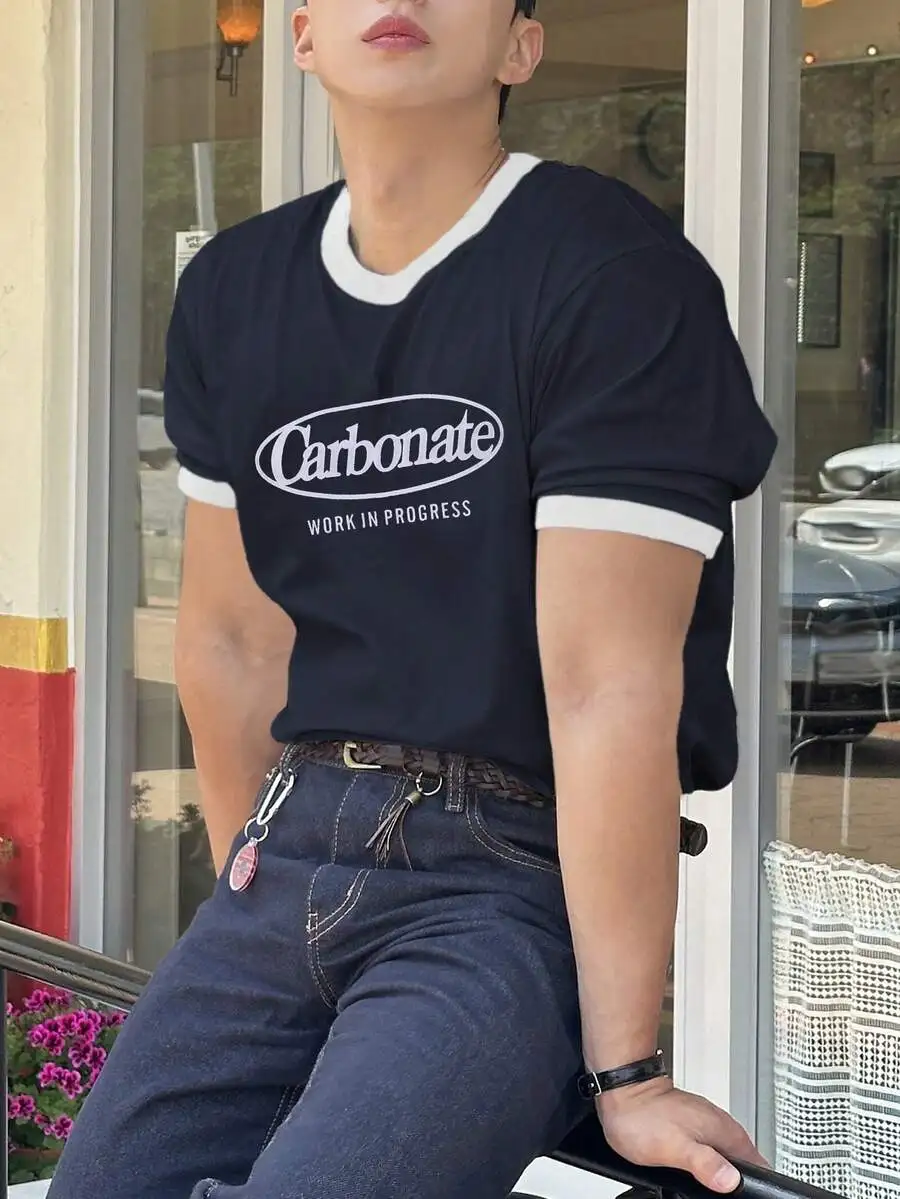 DAZY Summer Letter Print Color Block Short Sleeve T-Shirt For Men,Graphic Tees