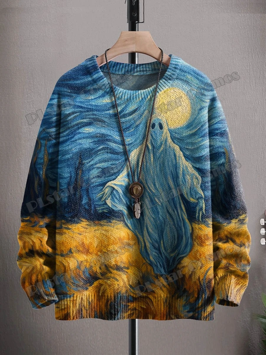 Men's Ghost Halloween Retro Art Pattern 3D Printed Knitted Pullover Sweater Winter Unisex Casual Knitwear ZZM136