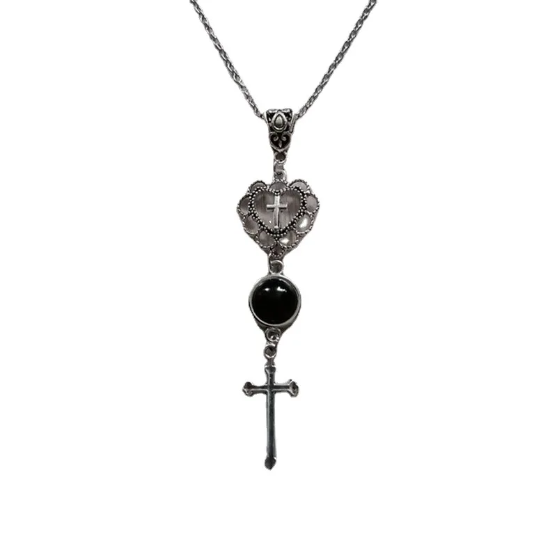 

New Arrival Black Cross Heart Stone Necklace, Unisex Gothic Gift for Him Her, Alternative Love Token, Christmas Anniversary Gift